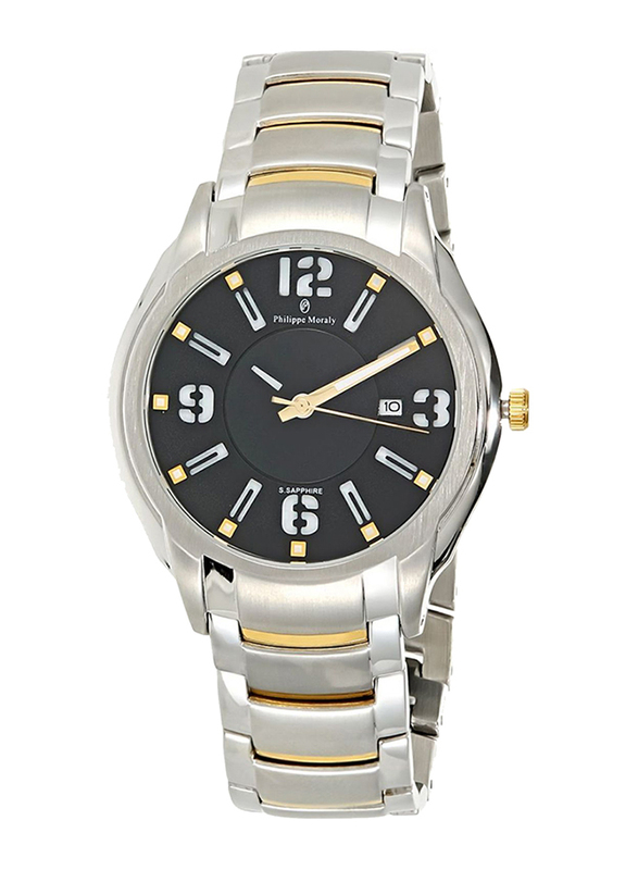 Philippe Moraly of Switzerland Analog Watch for Men with Stainless Steel Band. Water Resistant. M1321CB. Silver/Gold-Black