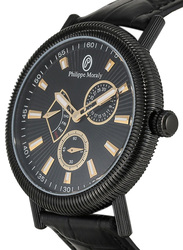 Philippe Moraly of Switzerland Analog Watch for Men with Leather Band. Water Resistant. L1471BGBB. Black-Gold