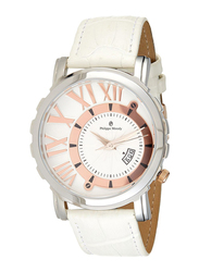 Philippe Moraly of Switzerland Analog Watch for Men with Leather Band. Water Resistant and Date Display. L1017CRWW. White