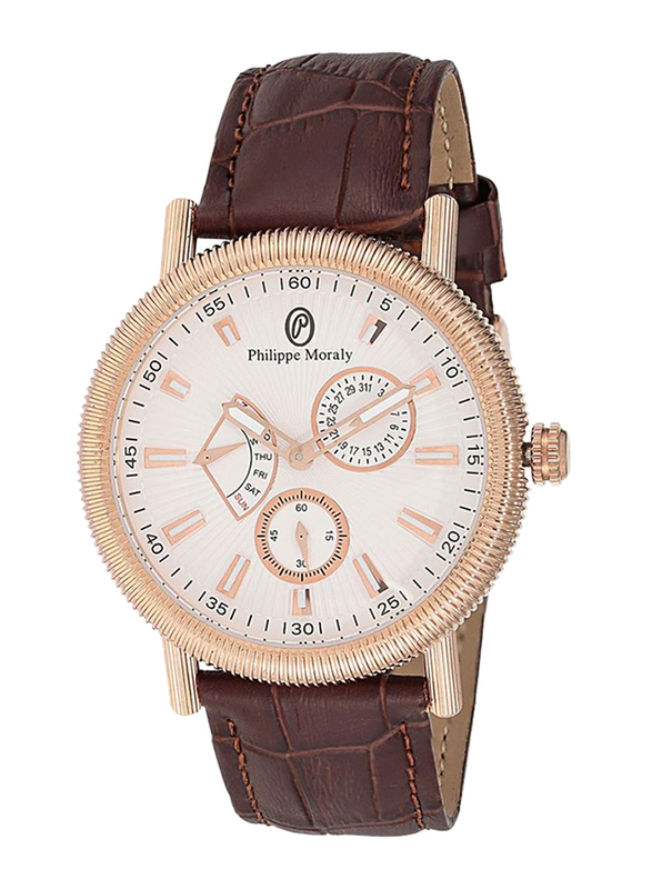 Philippe Moraly of Switzerland Analog Watch for Men with Leather Band. Water Resistant. L1471RWO. Brown-White/Rose Gold