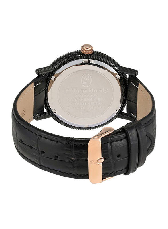 Philippe Moraly of Switzerland Analog Watch for Men with Leather Band. Water Resistant. L1471BRBB. Black-Rose Gold