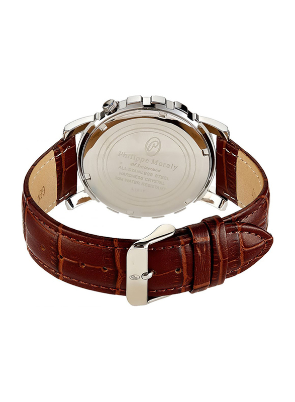 Philippe Moraly of Switzerland Analog Watch for Men with Leather Band. Water Resistant and Date Display. L1017WWO. Brown-White