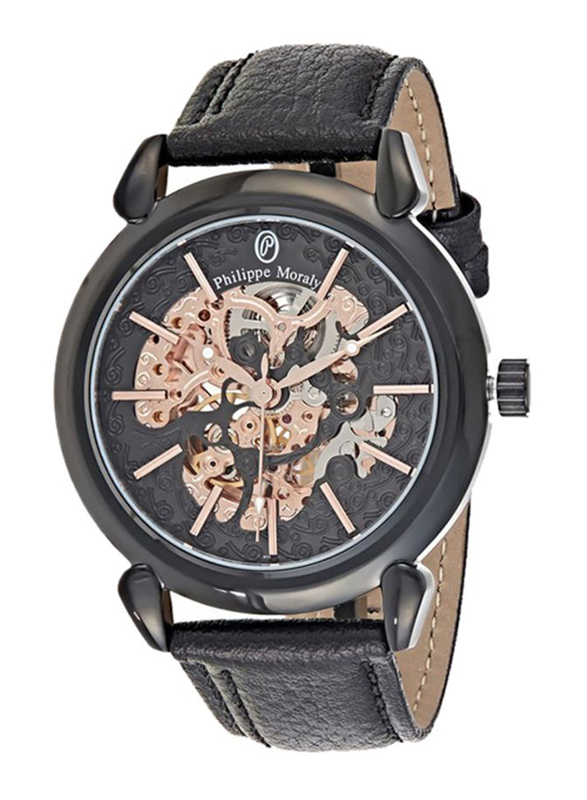 Philippe Moraly of Switzerland Analog Automatic Watch for Men With Leather Band. Water Resistant. LA1717BB. Black-Black/Rose Gold