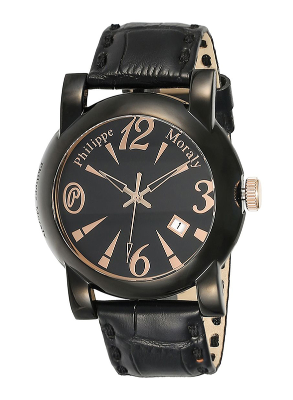 Philippe Moraly of Switzerland Analog Watch for Men with Leather Band. Water Resistant and Date Display. L0723BRBB. Black