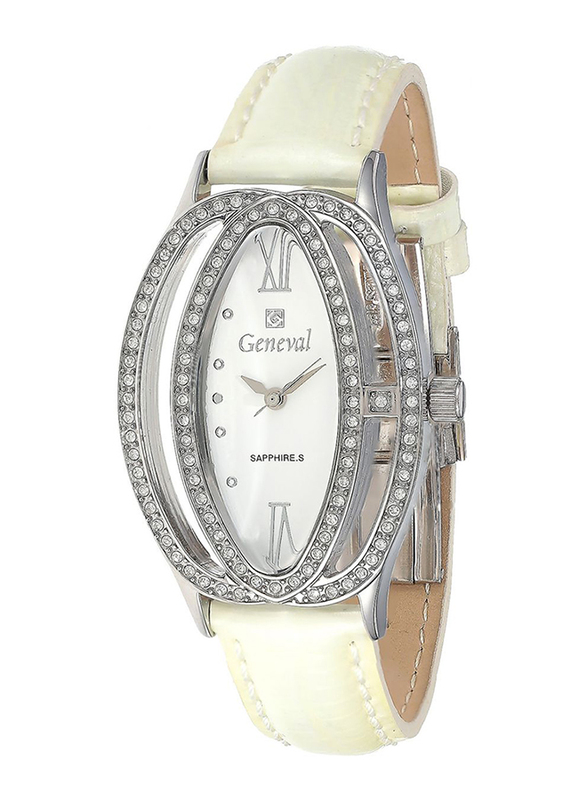 Geneval of Switzerland Analog Watch for Women with Leather Band. Water Resistant. GLS146WWW. White