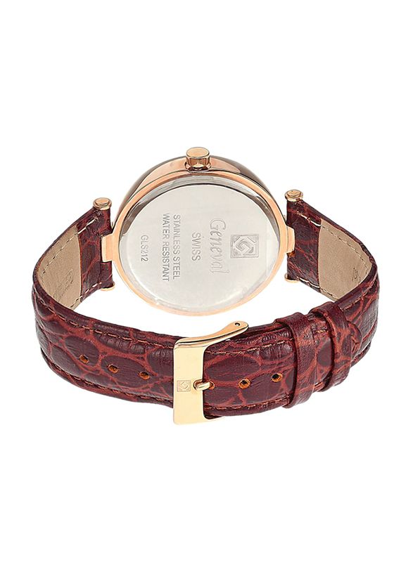 Geneval of Switzerland Analog Watch for Women with Leather Band. Water Resistant. GLS212RPWO. Brown-White