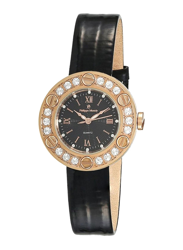 Philippe Moraly of Switzerland Analog Watch for Women with Leather Band. Water Resistant. LS1156RBB. Black/Gold-Black