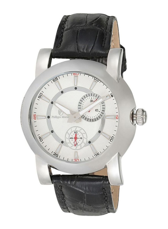 Philippe Moraly of Switzerland Analog Watch for Men with Leather Band. Water Resistant. L1423WWB. Black-White