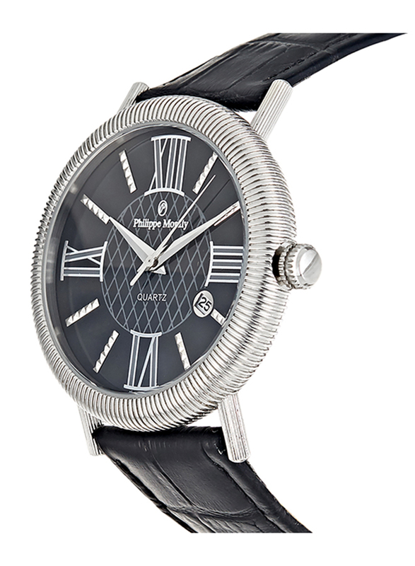 Philippe Moraly of Switzerland Analog Watch for Men with Leather Band. Water Resistant. L1371WBB. Black-Black/Silver