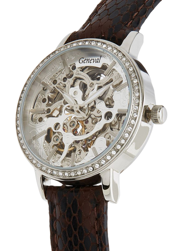 Geneval of Switzerland Analog Automatic Watch for Women with Leather Band. Water Resistant. GLAS1712WWO. Brown-Silver