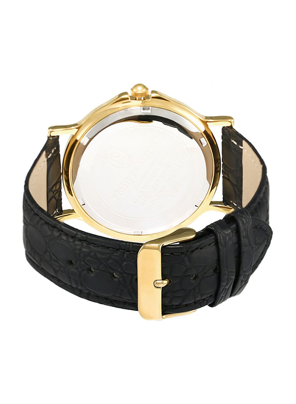 Philippe Moraly of Switzerland Analog Watch for Men with Leather Band. Water Resistant. L1611. Black-White/Gold