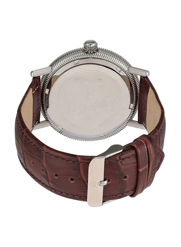 Philippe Moraly of Switzerland Analog Watch for Men with Leather Band. Water Resistant. L1371WOO. Brown-Black