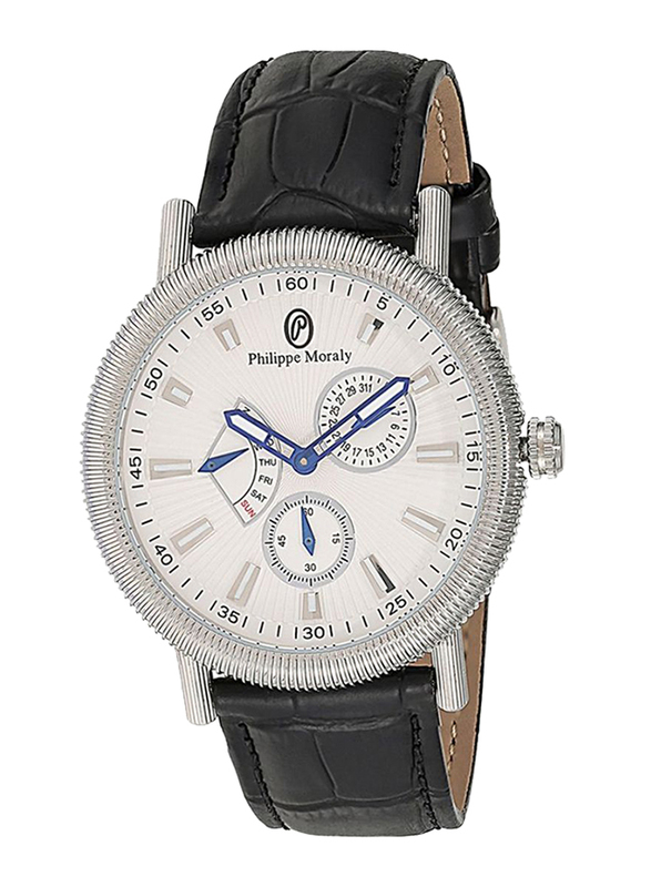 Philippe Moraly of Switzerland Analog Watch for Men with Leather Band. Water Resistant. L1471WWB. Black-White