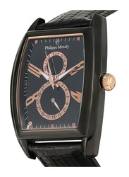 Philippe Moraly of Switzerland Analog Watch for Men with Leather Band. Water Resistant and Chronograph. L1421BRBB. Black