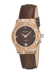 Geneval of Switzerland Analog Watch for Women with Leather Band. Water Resistant. GLS1612ROO. Brown