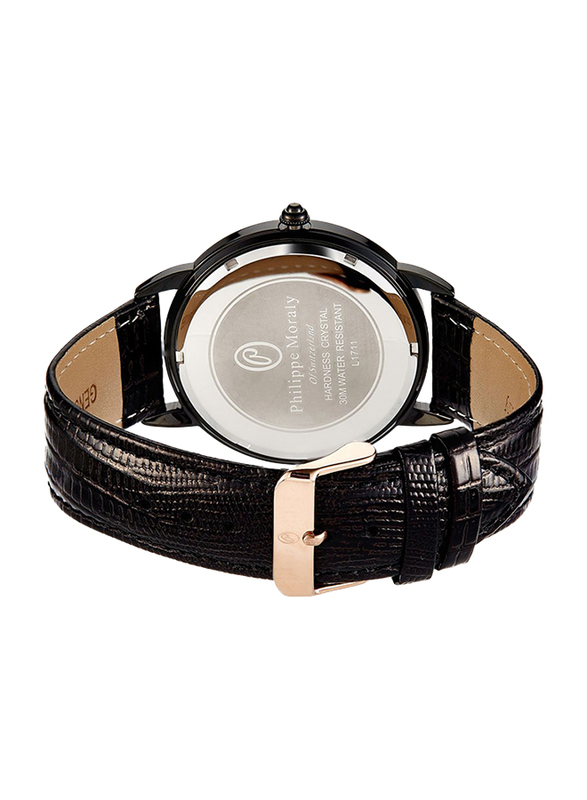 Philippe Moraly of Switzerland Analog Watch for Men with Leather Band. Water Resistant. L1711. Black