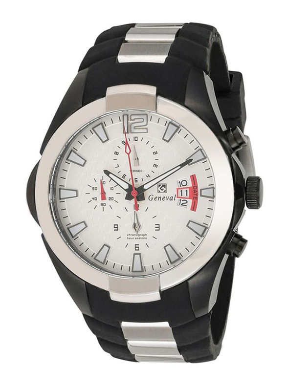 Geneval of Switzerland Analog Watch for Men with Rubber Band. Water Resistant and Chronograph. GRC141BWB. Black-White