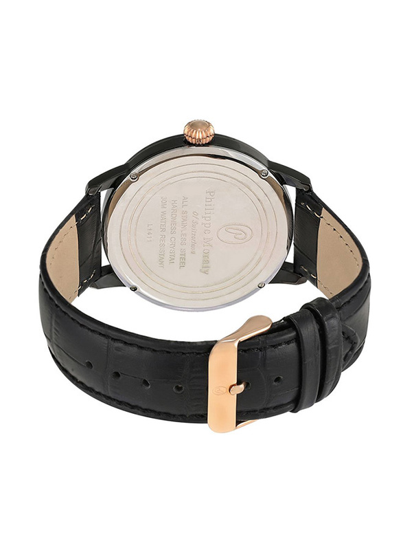 Philippe Moraly of Switzerland Analog Watch for Men with Leather Band. Water Resistant. L1411BRBB. Black