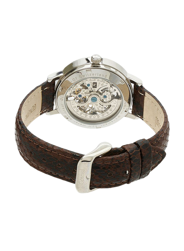 Geneval of Switzerland Analog Automatic Watch for Women with Leather Band. Water Resistant. GLAS1712WWO. Brown-Silver