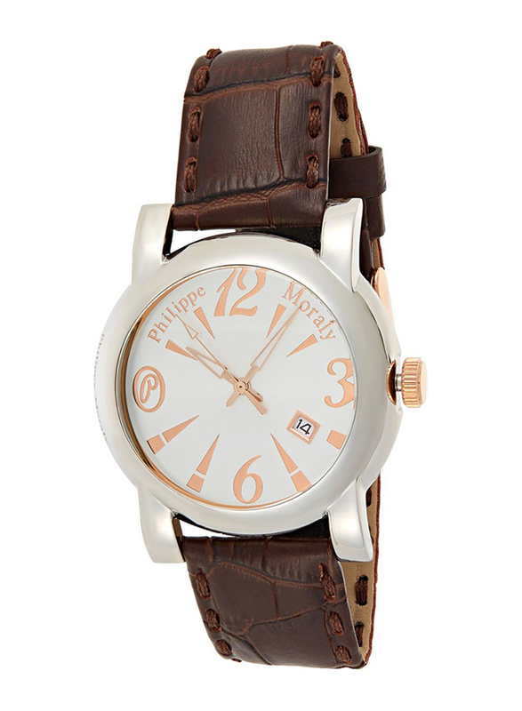 Philippe Moraly of Switzerland Analog Watch for Men with Leather Band. Water Resistant and Date Display. L0723CRWO. Brown-White
