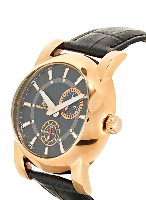 Philippe Moraly of Switzerland Analog Watch for Men with Leather Band. Water Resistant. L1423RBB. Black-Gold