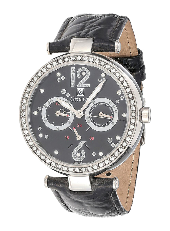 Geneval of Switzerland Analog Watch for Women with Leather Band. Water Resistant. GLS212WPBB. Black/Silver-Black