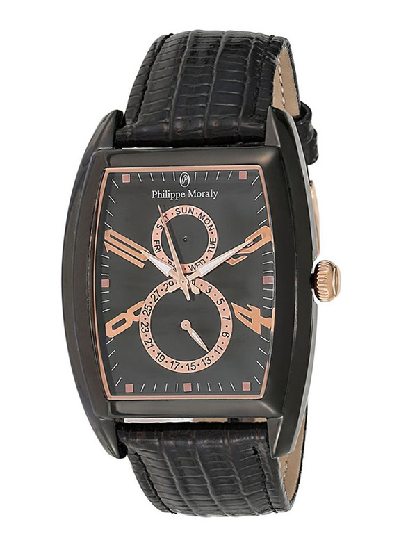 Philippe Moraly of Switzerland Analog Watch for Men with Leather Band. Water Resistant and Chronograph. L1421BRBB. Black