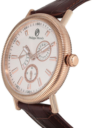 Philippe Moraly of Switzerland Analog Watch for Men with Leather Band. Water Resistant. L1471RWO. Brown-White/Rose Gold