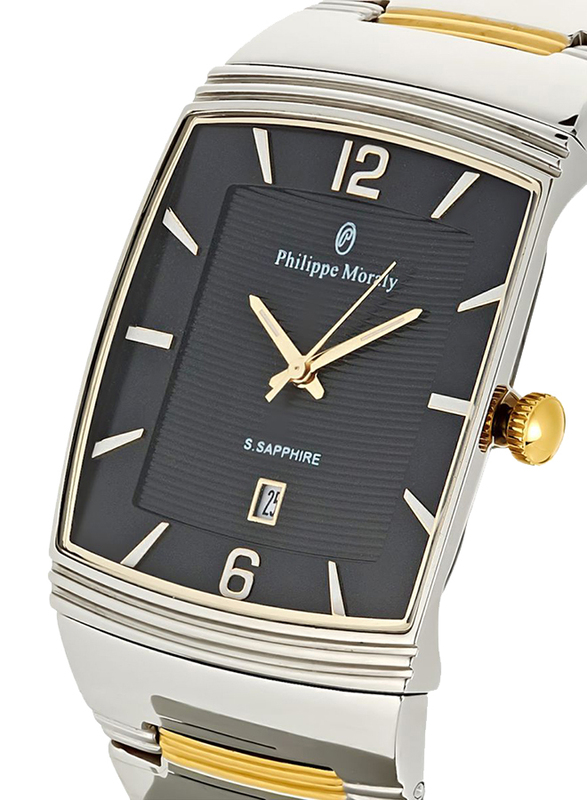 Philippe Moraly of Switzerland Analog Watch for Men with Stainless Steel Band. Water Resistant. M1323CB. Gold/Silver-Black