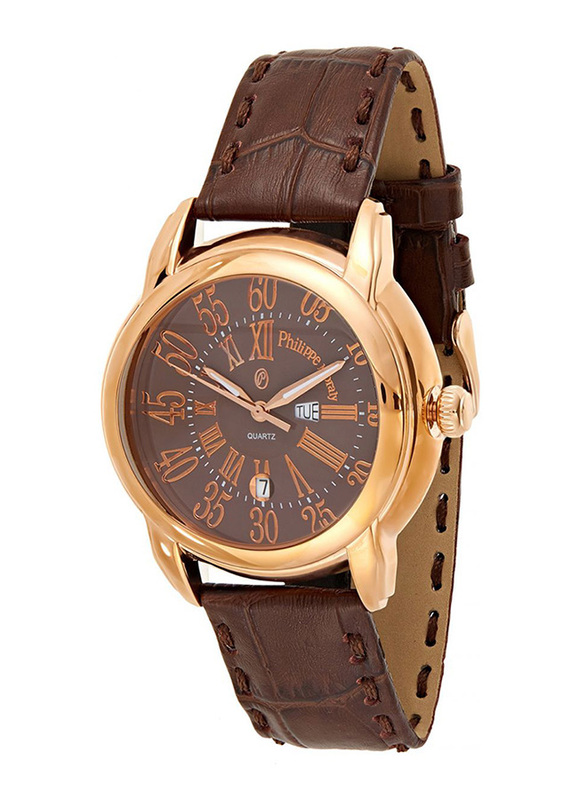 Philippe Moraly of Switzerland Analog Watch for Men with Leather Band. Water Resistant. L1375ROO. Brown