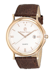 Philippe Moraly of Switzerland Analog Watch for Men with Leather Band. Water Resistant. L1611. Brown-White/Gold
