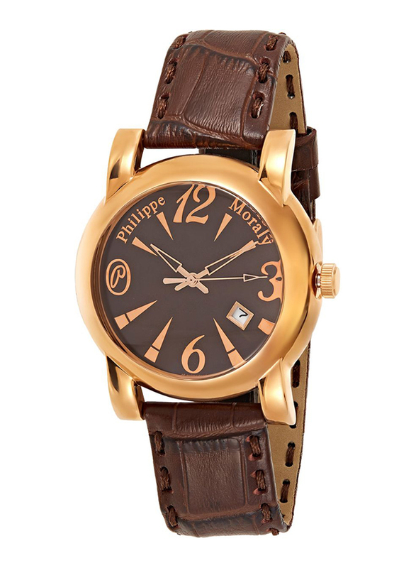 Philippe Moraly of Switzerland Analog Watch for Men with Leather Band. Water Resistant and Date Display. L0723ROO. Brown-Brown/Gold