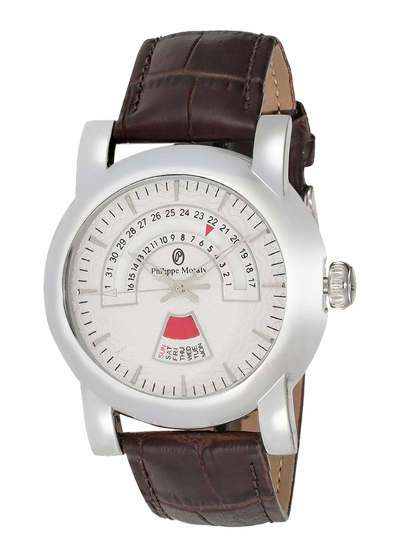 Philippe Moraly of Switzerland Analog Watch for Men with Leather Band. Water Resistant. L1463WWO. Brown-White