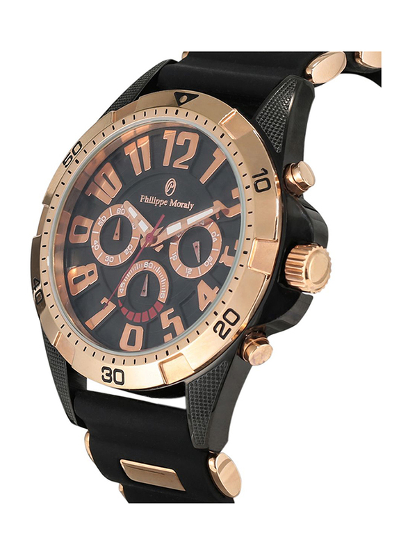 Philippe Moraly of Switzerland Analog Watch for Men with Rubber Band. Water Resistant with Chronograph. RC1455BRBB. Black-Rose Gold