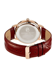 Philippe Moraly of Switzerland Analog Watch for Men with Leather Band. Water Resistant. L1711. Brown-White