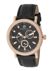 Philippe Moraly of Switzerland Analog Watch for Men with Leather Band. Water Resistant. L1471RBB. Black-Black/Rose Gold