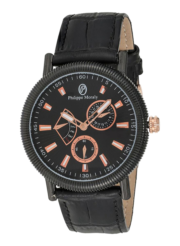 Philippe Moraly of Switzerland Analog Watch for Men with Leather Band. Water Resistant. L1471BRBB. Black-Rose Gold