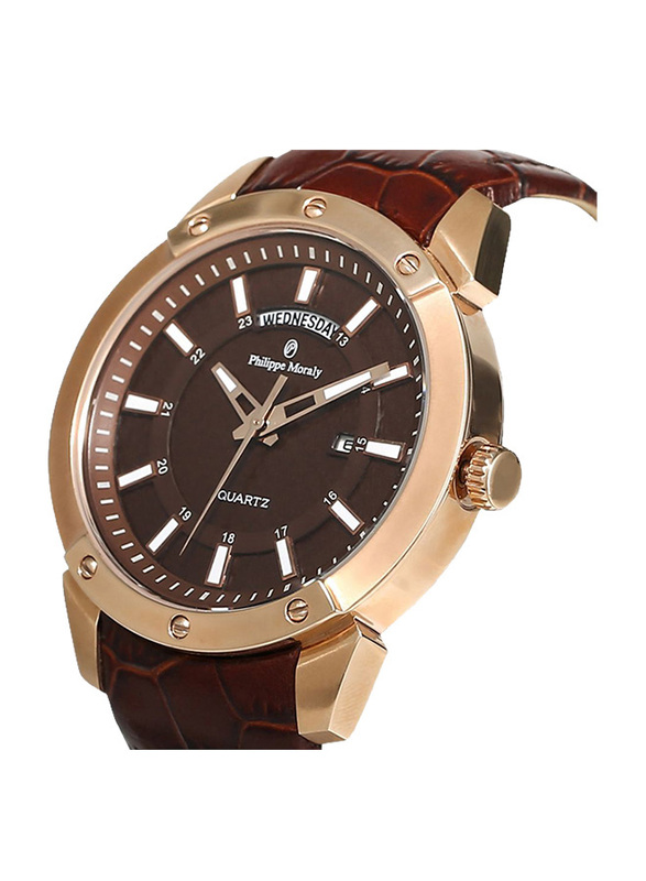 Philippe Moraly of Switzerland Analog Watch for Men with Leather Band. Water Resistant. L1373ROO. Brown