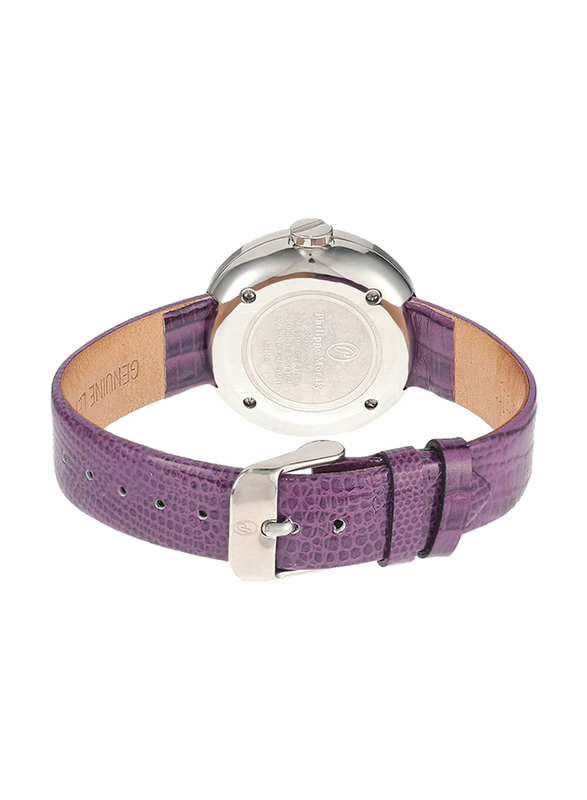 Philippe Moraly of Switzerland Analog Watch for Women with Leather Band. Water Resistant. LS1156WWV. Violet-White