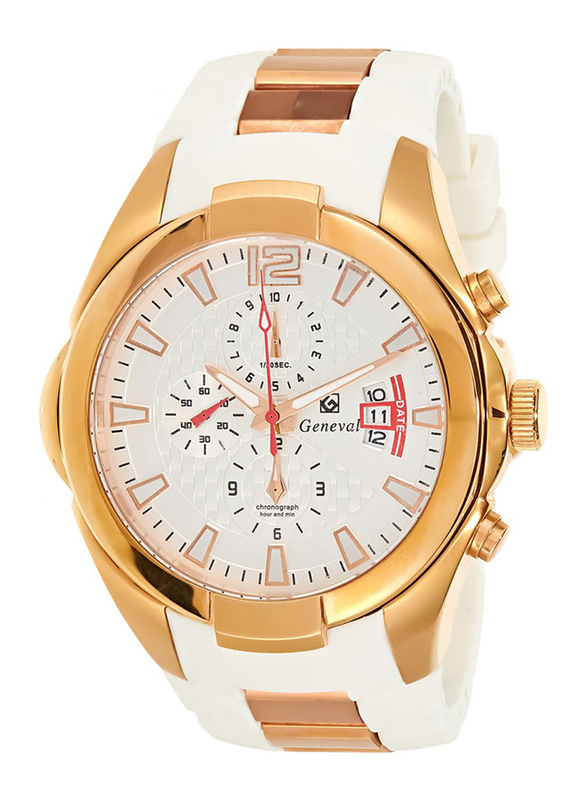 Geneval of Switzerland Analog Watch for Men with Rubber Band. Water Resistant and Chronograph. GRC141RWW. White-Gold