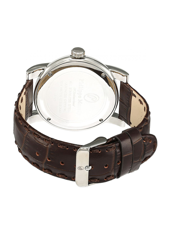 Philippe Moraly of Switzerland Analog Watch for Men with Leather Band. Water Resistant and Date Display. L0723WOO. Brown-Brown/Silver