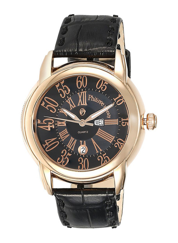 Philippe Moraly of Switzerland Analog Watch for Men with Leather Band. Water Resistant. L1375RBB. Black-Gold/Black