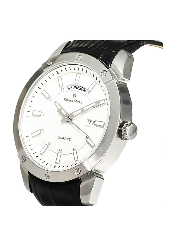 Philippe Moraly of Switzerland Analog Watch for Men with Leather Band. Water Resistant. L1373WWB. Black-White