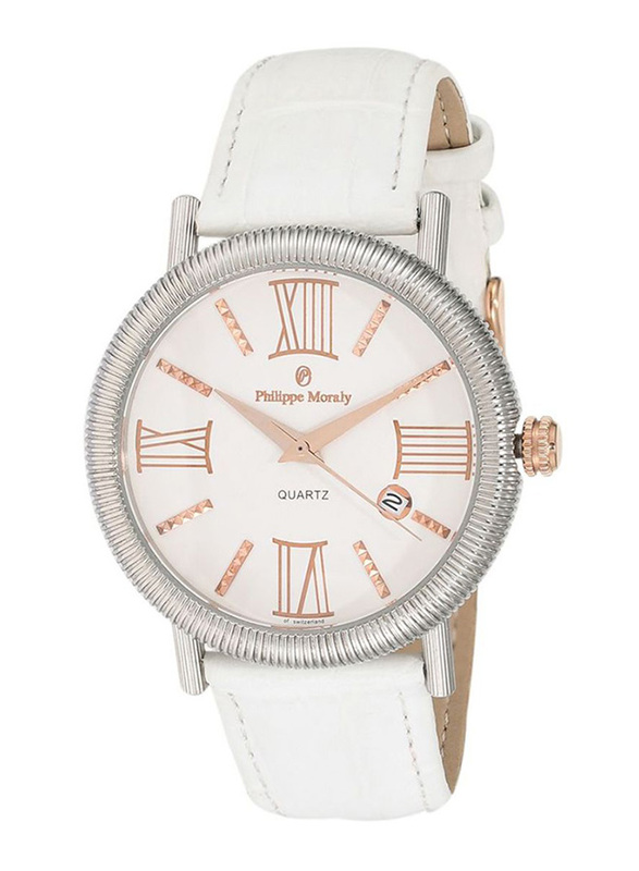 Philippe Moraly of Switzerland Analog Watch for Men with Leather Band. Water Resistant. L1371CRWW. White