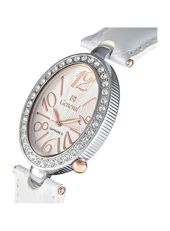 Geneval of Switzerland Analog Watch for Women with Leather Band. Water Resistant. GLS148CRWW. White