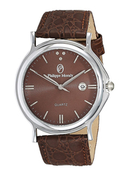 Philippe Moraly of Switzerland Analog Watch for Men with Leather Band. Water Resistant. L1611. Brown