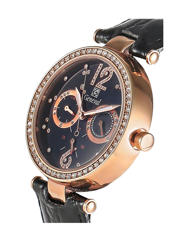 Geneval of Switzerland Analog Watch for Women with Leather Band. Water Resistant. GLS212RBB. Black