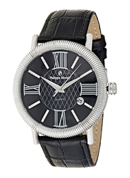 Philippe Moraly of Switzerland Analog Watch for Men with Leather Band. Water Resistant. L1371WBB. Black-Black/Silver