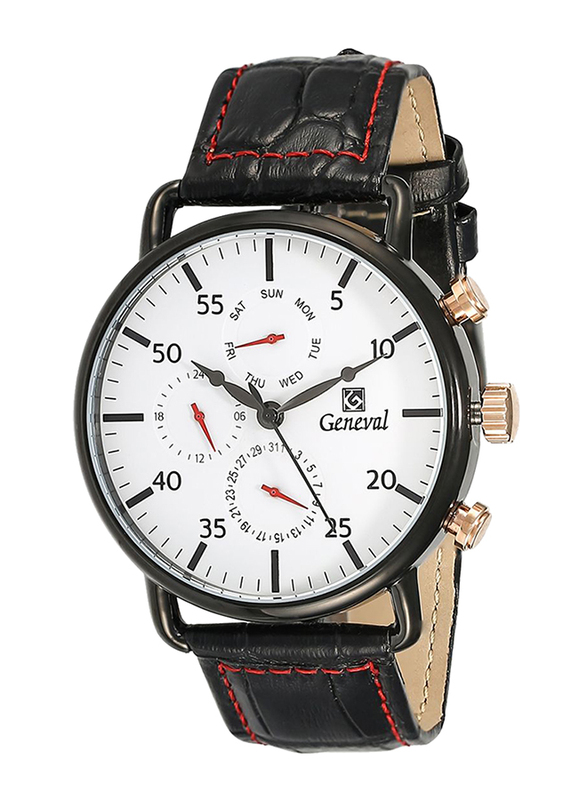 Geneval of Switzerland Analog Watch for Men with Leather Band. Water Resistant and Chronograph. GL1515BRWB. Black-White