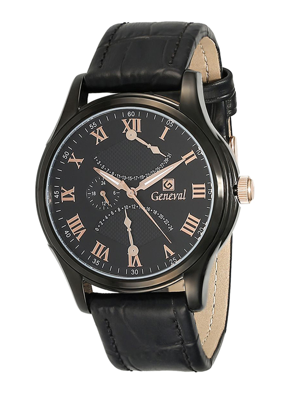 Geneval of Switzerland Analog Watch for Men with Leather Band. Water Resistant and Chronograph. GL1617BRBB. Black